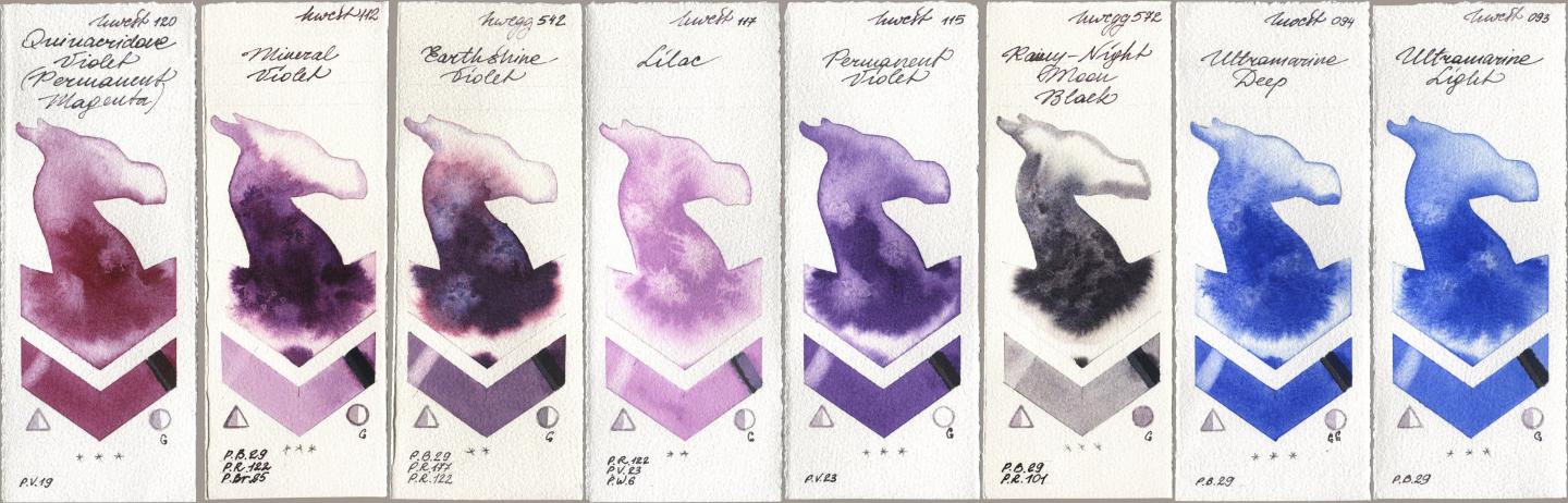 Holbein Artists Watercolor 120 Quinacridone Violet (Permanent Magenta), 112 Mineral Violet, 542 Earthshine Violet, 117 Lilac, 115 Permanent Violet, 572 Rainy-Night Moon Back, 094 Ultramarine Deep, 093 Ultramarine Lig watercolor swatch