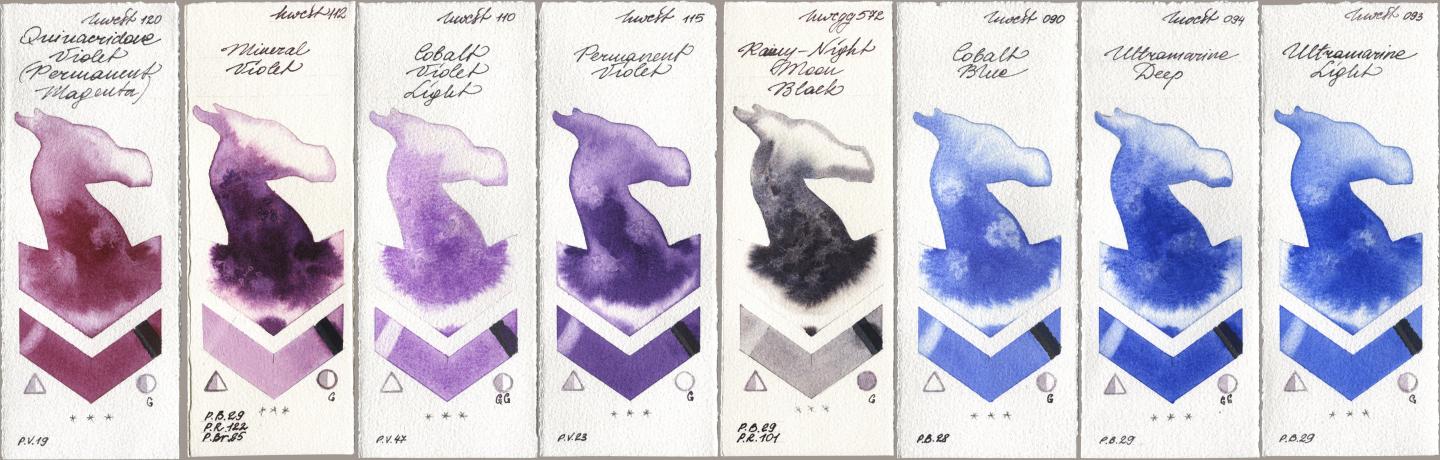 Holbein Artists Watercolor 120 Quinacridone Violet (Permanent Magenta), 112 Mineral Violet, 110 Cobalt Violet Light, 115 Permanent Violet, 572 Rainy-Night Moon Back, 090 Cobalt Blue, 094 Ultramarine Deep, 093 Ultramarine Lig watercolor swatch