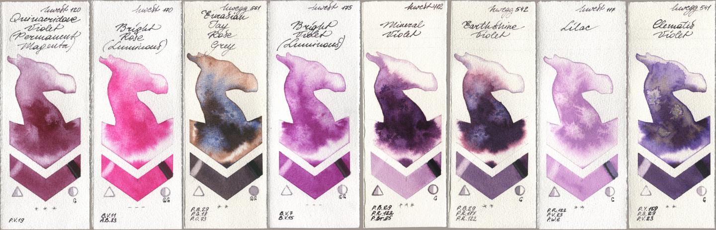Holbein Artists Watercolor 120 Quinacridone Violet (Permanent Magenta), 170 Bright Rose (Luminous), 561 Eurasian Jay Rose Grey, 175 Bright Violet (Luminous), 112 Mineral Violet, 542 Earthshine Violet, 117 Lilac, 541 Clematis Viol watercolor swatch