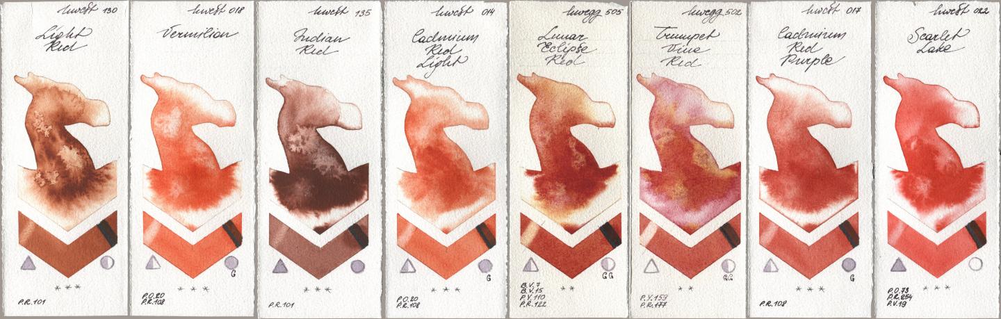 Holbein Artists Watercolor 130 Light Red, 018 Vermilion, 135 Indian Red, 014 Cadmium Red Light, 505 Lunar Eclipse Red, 502 Trumpet Vine Red, 017 Cadmium Red Purple, 022 Scarlet La watercolor swatch