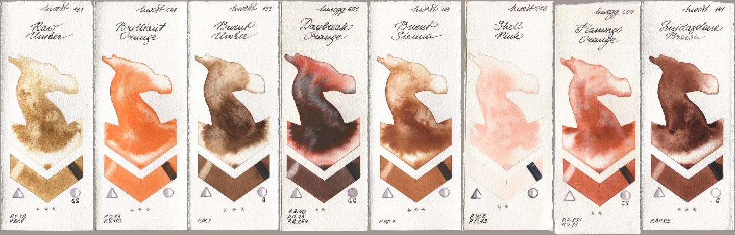 Holbein Artists Watercolor 131 Raw Umber, 047 Brilliant Orange, 133 Burnt Umber, 551 Daybreak Orange, 134 Burnt Sienna, 026 Shell Pink, 504 Flamingo Orange, 141 Imidazolone Bro watercolor swatch