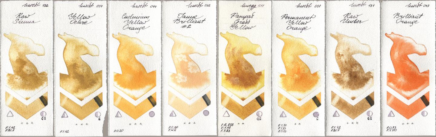 Holbein Artists Watercolor 132 Raw Sienna, 034 Yellow Ochre, 044 Cadmium Yellow Orange, 032 Jaune Brillant No 2, 511 Pampas Grass Yellow, 038 Permanent Yellow Orange, 131 Raw Umber, 047 Brilliant Oran watercolor swatch