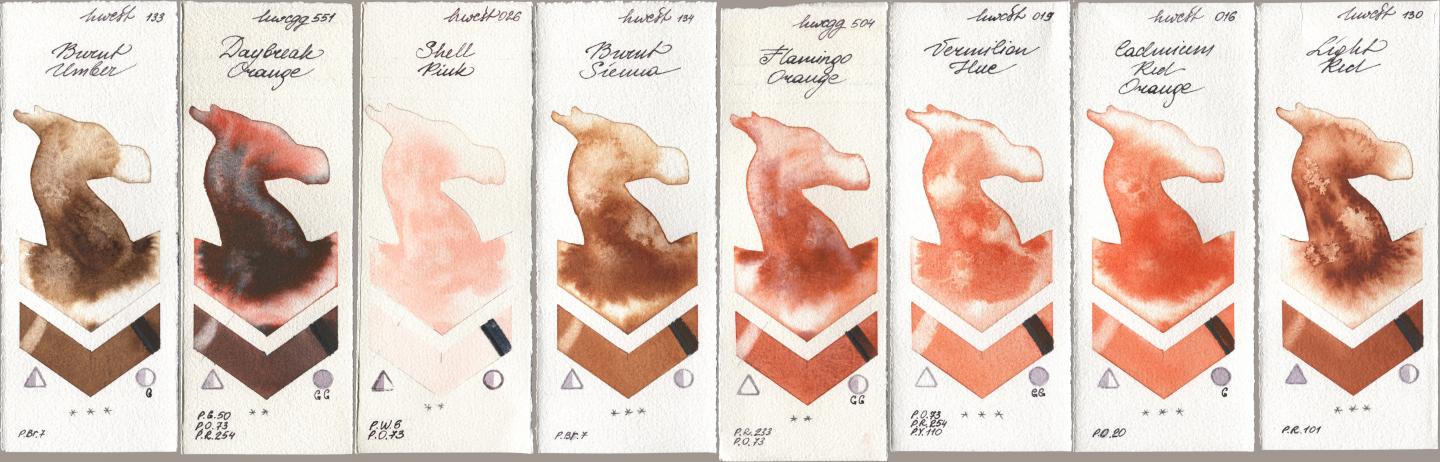Holbein Artists Watercolor 133 Burnt Umber, 551 Daybreak Orange, 026 Shell Pink, 134 Burnt Sienna, 504 Flamingo Orange, 019 Vermilion Hue, 016 Cadmium Red Orange, 130 Light R watercolor swatch