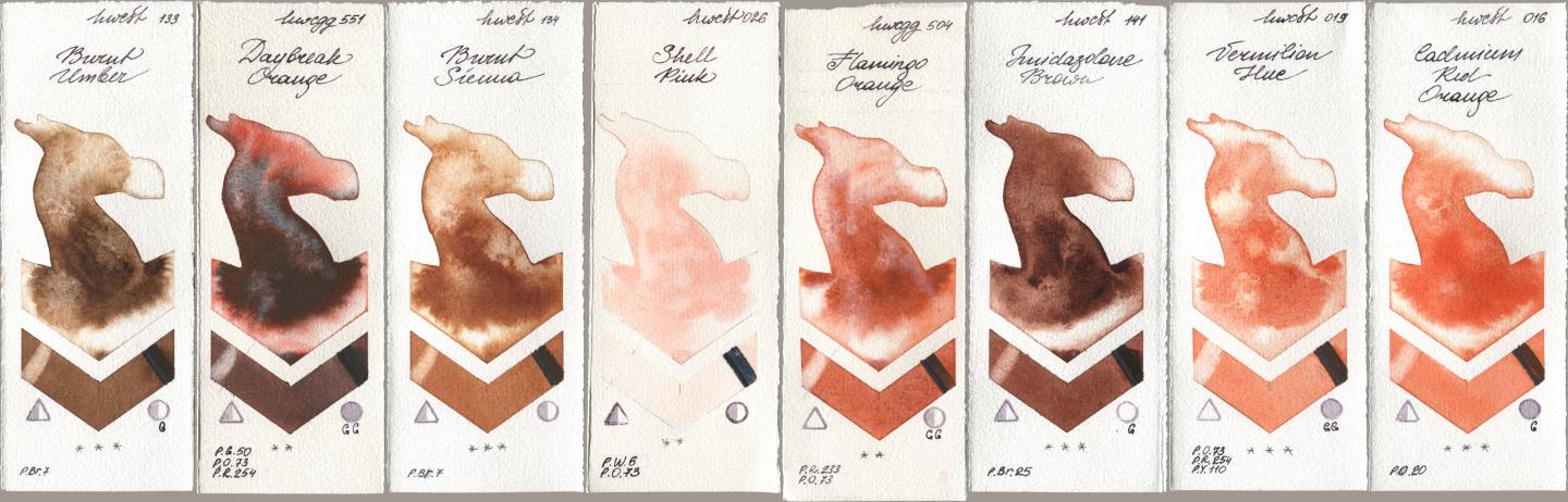 Holbein Artists Watercolor 133 Burnt Umber, 551 Daybreak Orange, 134 Burnt Sienna, 026 Shell Pink, 504 Flamingo Orange, 141 Imidazolone Brown, 019 Vermilion Hue, 016 Cadmium Red Oran watercolor swatch