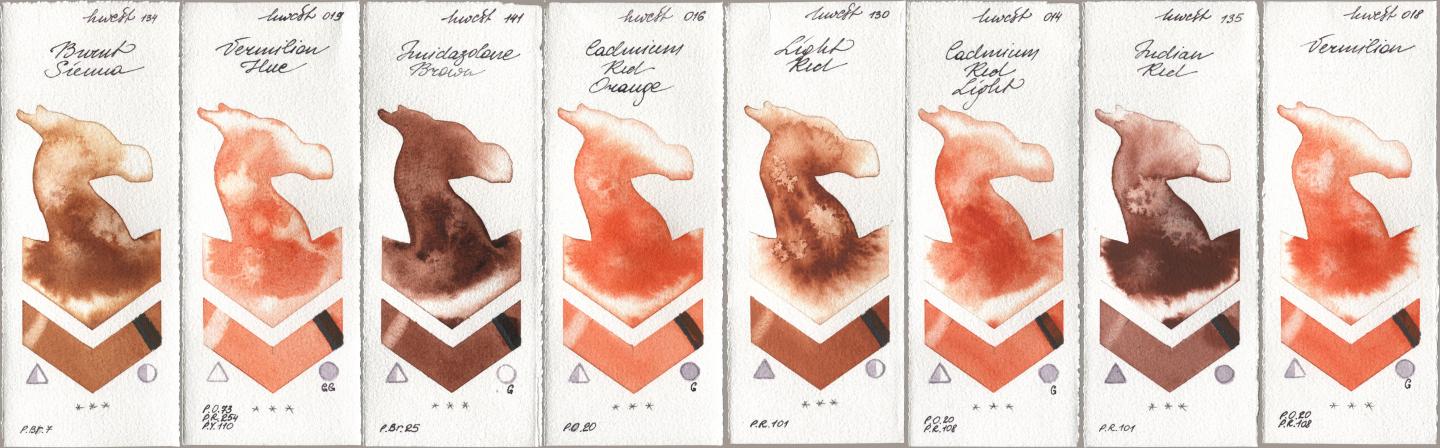Holbein Artists Watercolor 134 Burnt Sienna, 019 Vermilion Hue, 141 Imidazolone Brown, 016 Cadmium Red Orange, 130 Light Red, 014 Cadmium Red Light, 135 Indian Red, 018 Vermili watercolor swatch