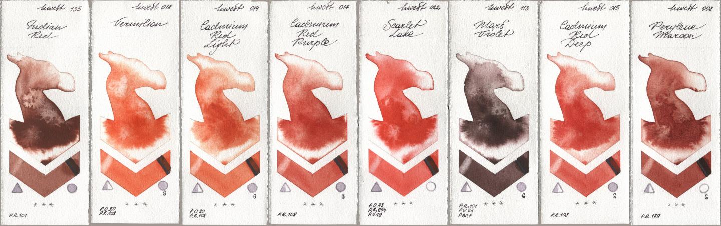 Holbein Artists Watercolor 135 Indian Red, 018 Vermilion, 014 Cadmium Red Light, 017 Cadmium Red Purple, 022 Scarlet Lake, 113 Mars Violet, 015 Cadmium Red Deep, 008 Perylene Maro watercolor swatch