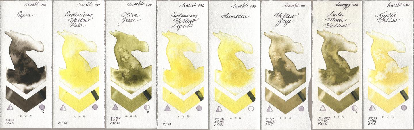 Holbein Artists Watercolor 136 Sepia, 041 Cadmium Yellow Pale, 074 Olive Green, 042 Cadmium Yellow Light, 039 Aureolin, 151 Yellow Grey, 512 Full Moon Yellow, 030 Naples Yell watercolor swatch