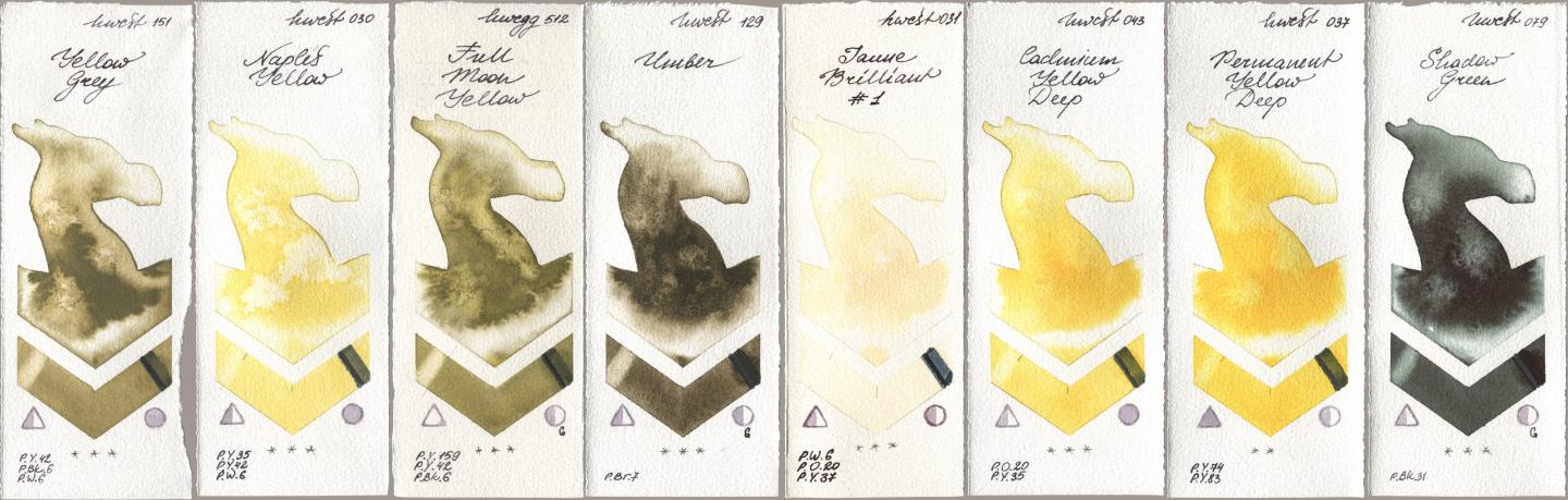 Holbein Artists Watercolor 151 Yellow Grey, 030 Naples Yellow, 512 Full Moon Yellow, 129 Umber, 031 Jaune Brilliant No 1, 043 Cadmium Yellow Deep, 037 Permanent Yellow Deep, 079 Shadow Gre watercolor swatch