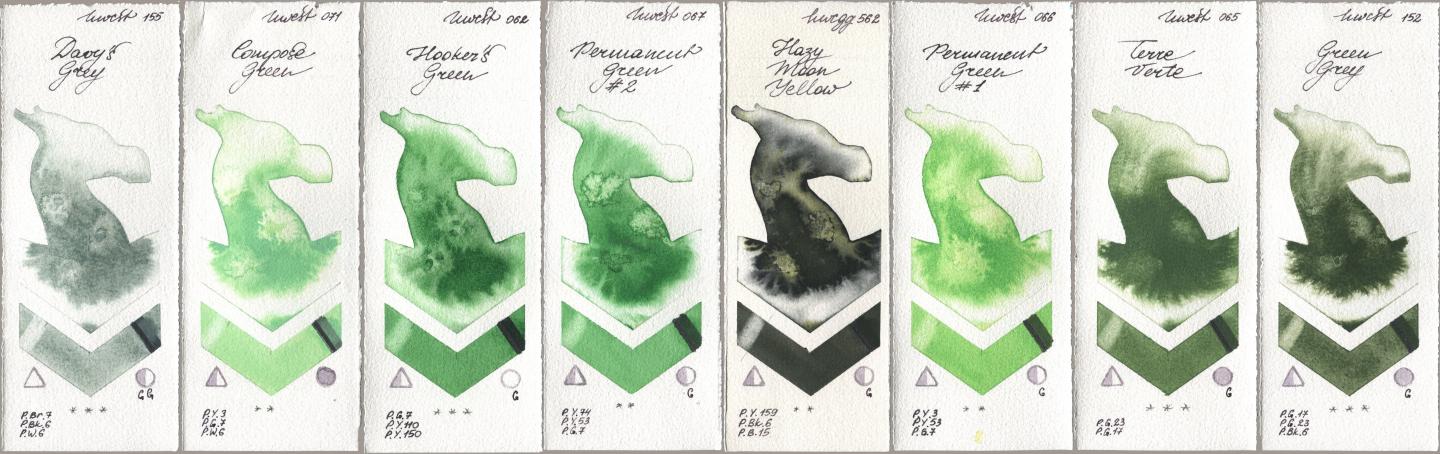 Holbein Artists Watercolor 155 Davys Grey, 071 Compose Green, 062 Hookers Green, 067 Permanent Green No 2, 562 Hazy Moon Yellow, 066 Permanent Green No 1, 065 Terre Verte, 152 Green Gr watercolor swatch
