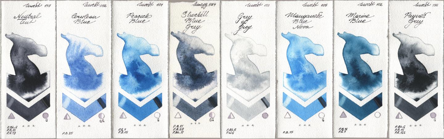 Holbein Artists Watercolor 157 Neutral Tint, 092 Cerulean Blue, 101 Peacock Blue, 564 Shoebill Blue Grey, 153 Grey of Grey, 105 Manganese Blue Nova, 102 Marine Blue, 156 Paynes Gr watercolor swatch