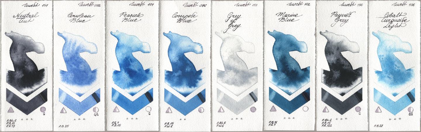 Holbein Artists Watercolor 157 Neutral Tint, 092 Cerulean Blue, 101 Peacock Blue, 096 Compose Blue, 153 Grey of Grey, 102 Marine Blue, 156 Paynes Grey, 106 Cobalt Turquoise Lig watercolor swatch