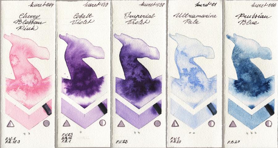 Kuretake Gansai Tambi 014 Cherry Blossom Pink vs 139 Cobalt Violet vs 038 Imperial Violet vs 061 Ultramatire Pale vs 066 Prussian Blue watercolor swatch