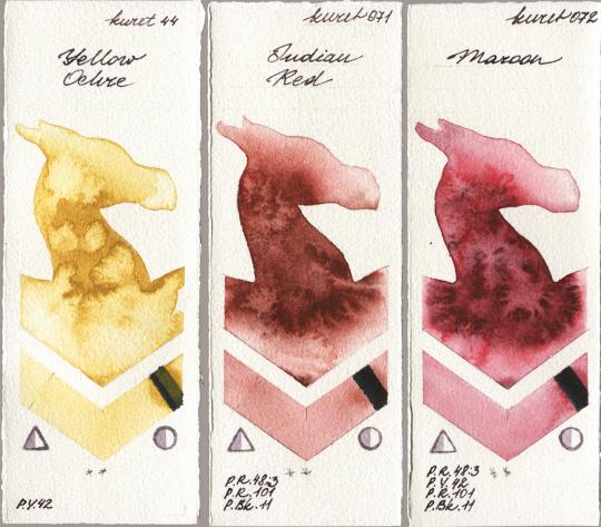 Kuretake Gansai Tambi 044 Yellow Ochre vs 071 Indian Red vs 072 Maroon watercolor swatch