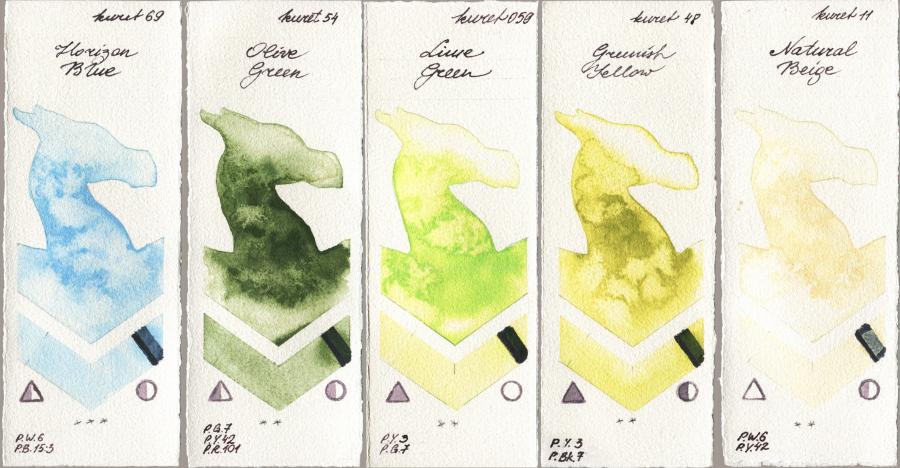 Kuretake Gansai Tambi 069 Horizon Blue vs 054 Olive Green vs 059 Lime Green vs 048 Greenish Yellow vs 011 Natural Beige watercolor swatch