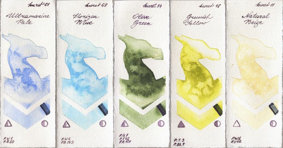 Kuretake Gansai Tambi 61 Ultramatire Pale vs 69 Horizon Blue vs 54 Olive Green vs 48 Greenish Yellow vs 11 Natural Beige watercolor swatch
