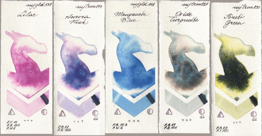 Mijello Mission Gold 558 Lilac, 814 Aurora Pink, 548 Manganese Blue, 827 Oxide Turquoise, 830 Forest Gre watercolor swatch