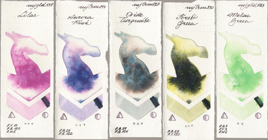 Mijello Mission Gold 558 Lilac vs 814 Aurora Pink vs 827 Oxide Turquoise vs 830 Forest Green vs 593 Melon Green watercolor swatch