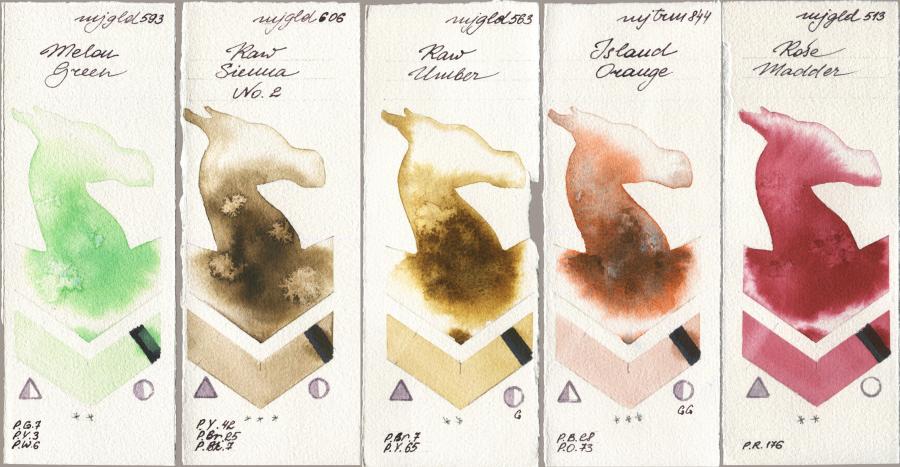 Mijello Mission Gold 593 Melon Green, 606 Raw Sienna No 2, 563 Raw Umber, 844 Island Orange, 513 Rose Madd watercolor swatch