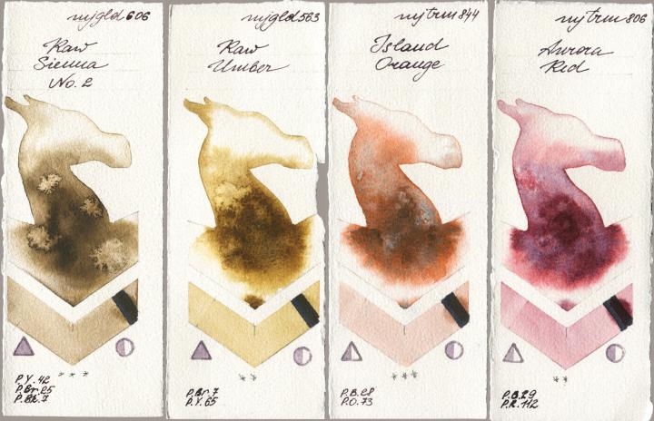 Mijello Mission Gold 606 Raw Sienna No 2 vs 563 Raw Umber vs 844 Island Orange vs 806 Aurora Red watercolor swatch