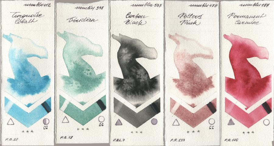 Maimeri Blu 412 Turquoise Cobalt, 348 Viridian, 537 Carbon Black, 479 Potters Pink, 167 Permanent Carmi watercolor swatch