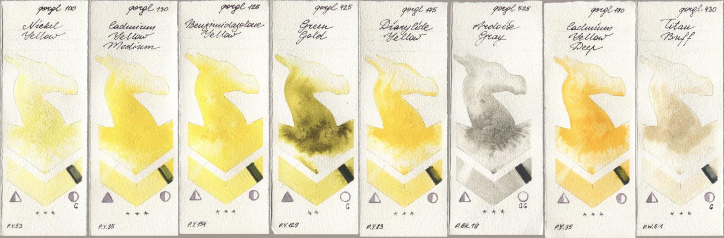 Golden QOR 100 Nickel Yellow, 130 Cadmium Yellow Medium, 126 Benzimidazolone Yellow, 425 Green Gold, 175 Diarylide Yellow, 525 Ardoise Gray, 170 Cadmium Yellow Deep, 430 Titan Bu watercolor swatch