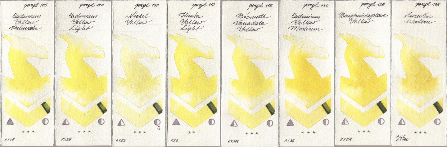 Golden QOR 105 Cadmium Yellow Primrose, 120 Cadmium Yellow Light, 100 Nickel Yellow, 110 Hansa Yellow Light, 115 Bismuth Vanadate Yellow, 130 Cadmium Yellow Medium, 126 Benzimidazolone Yellow, 135 Aureolin Mode watercolor swatch