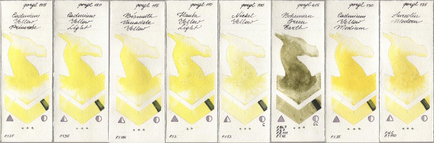 Golden QOR 105 Cadmium Yellow Primrose, 120 Cadmium Yellow Light, 115 Bismuth Vanadate Yellow, 110 Hansa Yellow Light, 100 Nickel Yellow, 415 Bohemian Green Earth, 130 Cadmium Yellow Medium, 135 Aureolin Mode watercolor swatch