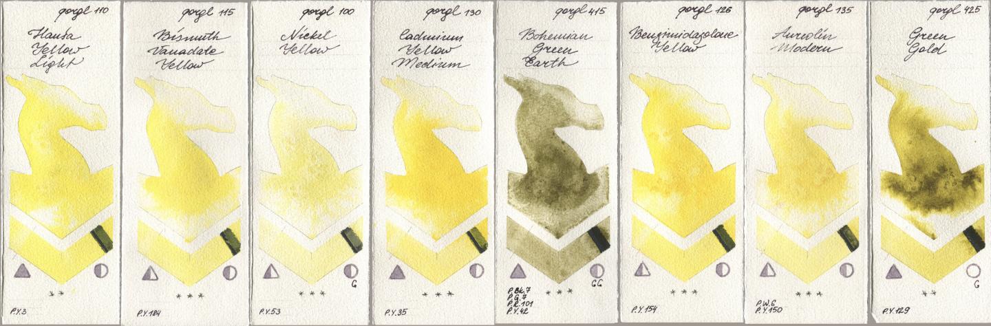 Golden QOR 110 Hansa Yellow Light, 115 Bismuth Vanadate Yellow, 100 Nickel Yellow, 130 Cadmium Yellow Medium, 415 Bohemian Green Earth, 126 Benzimidazolone Yellow, 135 Aureolin Modern, 425 Green Go watercolor swatch