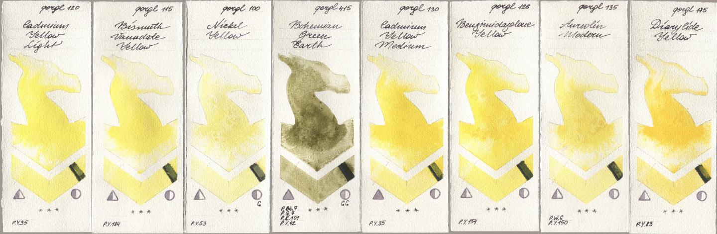 Golden QOR 120 Cadmium Yellow Light, 115 Bismuth Vanadate Yellow, 100 Nickel Yellow, 415 Bohemian Green Earth, 130 Cadmium Yellow Medium, 126 Benzimidazolone Yellow, 135 Aureolin Modern, 175 Diarylide Yell watercolor swatch