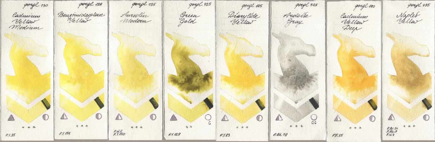 Golden QOR 130 Cadmium Yellow Medium, 126 Benzimidazolone Yellow, 135 Aureolin Modern, 425 Green Gold, 175 Diarylide Yellow, 525 Ardoise Gray, 170 Cadmium Yellow Deep, 435 Naples Yell watercolor swatch