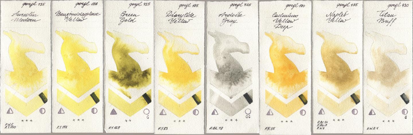 Golden QOR 135 Aureolin Modern, 126 Benzimidazolone Yellow, 425 Green Gold, 175 Diarylide Yellow, 525 Ardoise Gray, 170 Cadmium Yellow Deep, 435 Naples Yellow, 430 Titan Bu watercolor swatch