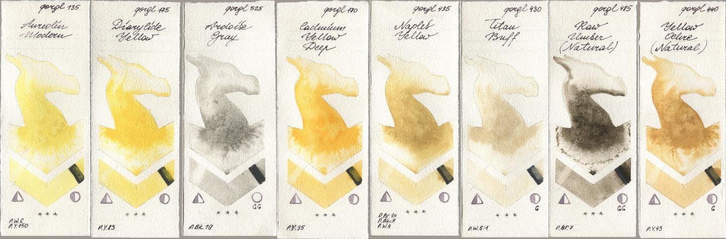 Golden QOR 135 Aureolin Modern, 175 Diarylide Yellow, 525 Ardoise Gray, 170 Cadmium Yellow Deep, 435 Naples Yellow, 430 Titan Buff, 485 Raw Umber (Natural), 440 Yellow Ochre (Natura watercolor swatch