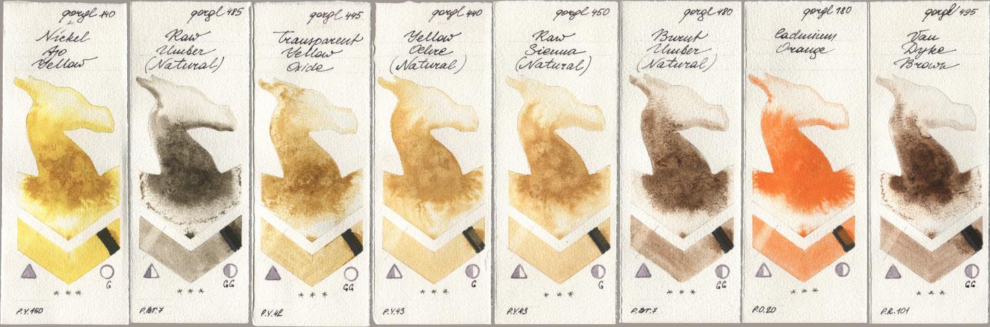 Golden QOR 140 Nickel Azo Yellow, 485 Raw Umber (Natural), 445 Transparent Yellow Oxide, 440 Yellow Ochre (Natural), 450 Raw Sienna (Natural), 480 Burnt Umber (Natural), 180 Cadmium Orange, 495 Van Dyke Bro watercolor swatch