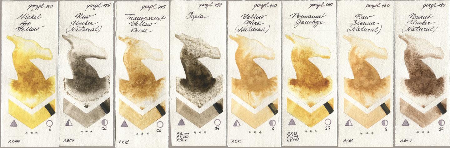 Golden QOR 140 Nickel Azo Yellow, 485 Raw Umber (Natural), 445 Transparent Yellow Oxide, 490 Sepia, 440 Yellow Ochre (Natural), 150 Permanent Gamboge, 450 Raw Sienna (Natural), 480 Burnt Umber (Natura watercolor swatch