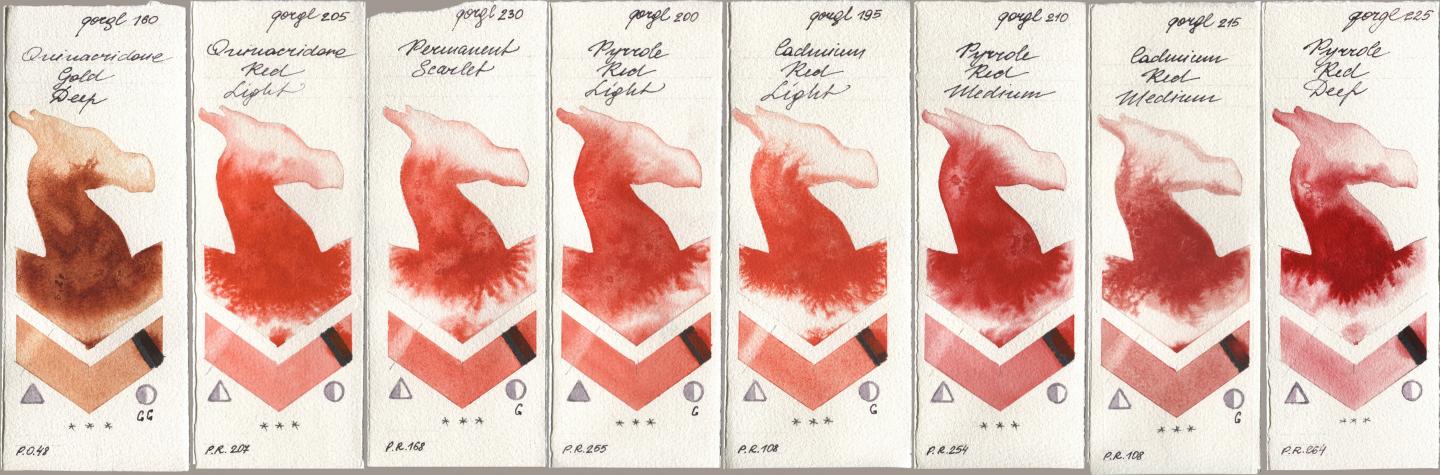 Golden QOR 160 Quinacridone Gold Deep, 205 Quinacridone Red Light, 230 Permanent Scarlet, 200 Pyrrole Red Light, 195 Cadmium Red Light, 210 Pyrrole Red Medium, 215 Cadmium Red Medium, 225 Pyrrole Red De watercolor swatch