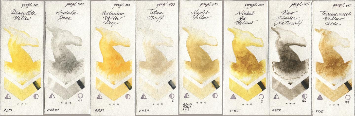 Golden QOR 175 Diarylide Yellow, 525 Ardoise Gray, 170 Cadmium Yellow Deep, 430 Titan Buff, 435 Naples Yellow, 140 Nickel Azo Yellow, 485 Raw Umber (Natural), 445 Transparent Yellow Oxi watercolor swatch