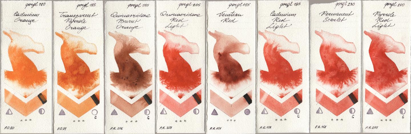 Golden QOR 180 Cadmium Orange, 185 Transparent Pyrrole Orange, 165 Quinacridone Burnt Orange, 205 Quinacridone Red Light, 465 Venetian Red, 195 Cadmium Red Light, 230 Permanent Scarlet, 200 Pyrrole Red Lig watercolor swatch