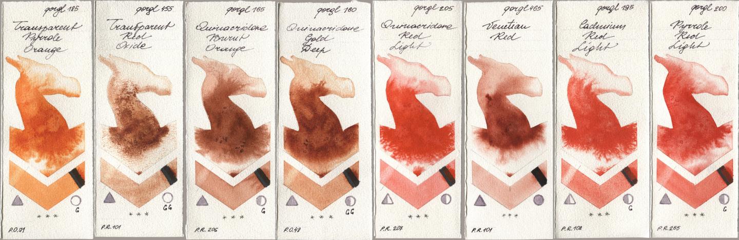 Golden QOR 185 Transparent Pyrrole Orange, 455 Transparent Red Oxide, 165 Quinacridone Burnt Orange, 160 Quinacridone Gold Deep, 205 Quinacridone Red Light, 465 Venetian Red, 195 Cadmium Red Light, 200 Pyrrole Red Lig watercolor swatch