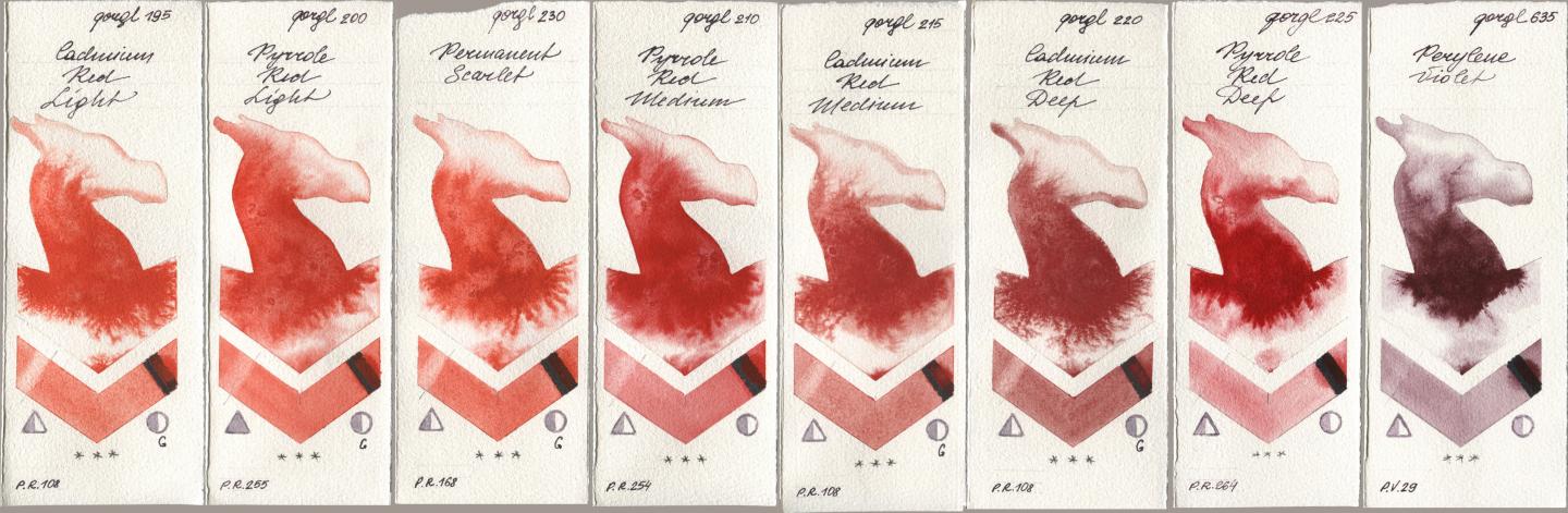 Golden QOR 195 Cadmium Red Light, 200 Pyrrole Red Light, 230 Permanent Scarlet, 210 Pyrrole Red Medium, 215 Cadmium Red Medium, 220 Cadmium Red Deep, 225 Pyrrole Red Deep, 635 Perylene Viol watercolor swatch