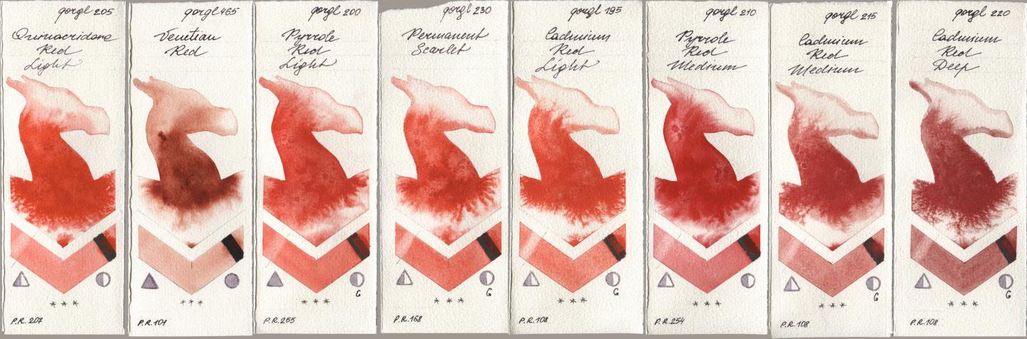 Golden QOR 205 Quinacridone Red Light, 465 Venetian Red, 200 Pyrrole Red Light, 230 Permanent Scarlet, 195 Cadmium Red Light, 210 Pyrrole Red Medium, 215 Cadmium Red Medium, 220 Cadmium Red De watercolor swatch
