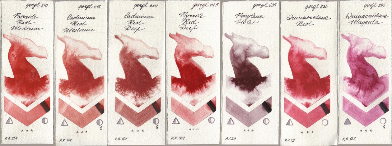 Golden QOR 210 Pyrrole Red Medium, 215 Cadmium Red Medium, 220 Cadmium Red Deep, 225 Pyrrole Red Deep, 635 Perylene Violet, 235 Quinacridone Red, 265 Quinacridone Magen watercolor swatch
