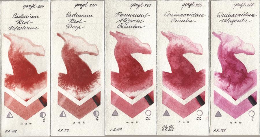 Golden QOR 215 Cadmium Red Medium, 220 Cadmium Red Deep, 240 Permanent Alizarin Crimson, 260 Quinacridone Crimson, 265 Quinacridone Magen watercolor swatch