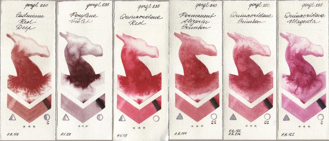 Golden QOR 220 Cadmium Red Deep, 635 Perylene Violet, 235 Quinacridone Red, 240 Permanent Alizarin Crimson, 260 Quinacridone Crimson, 265 Quinacridone Magen watercolor swatch