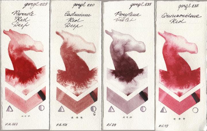 Golden QOR 225 Pyrrole Red Deep, 220 Cadmium Red Deep, 635 Perylene Violet, 235 Quinacridone R watercolor swatch