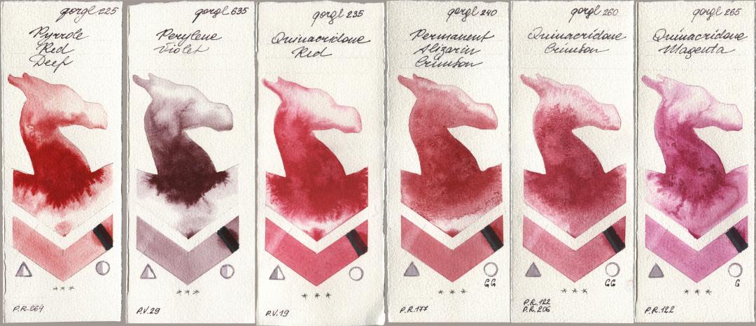 Golden QOR 225 Pyrrole Red Deep, 635 Perylene Violet, 235 Quinacridone Red, 240 Permanent Alizarin Crimson, 260 Quinacridone Crimson, 265 Quinacridone Magen watercolor swatch