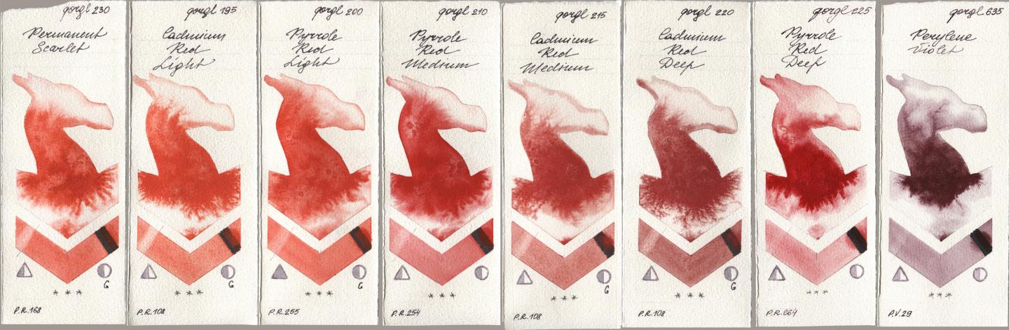 Golden QOR 230 Permanent Scarlet, 195 Cadmium Red Light, 200 Pyrrole Red Light, 210 Pyrrole Red Medium, 215 Cadmium Red Medium, 220 Cadmium Red Deep, 225 Pyrrole Red Deep, 635 Perylene Viol watercolor swatch