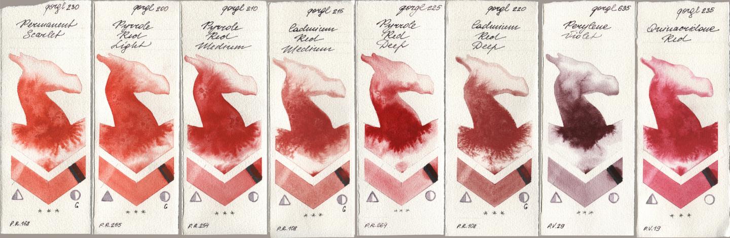 Golden QOR 230 Permanent Scarlet, 200 Pyrrole Red Light, 210 Pyrrole Red Medium, 215 Cadmium Red Medium, 225 Pyrrole Red Deep, 220 Cadmium Red Deep, 635 Perylene Violet, 235 Quinacridone R watercolor swatch