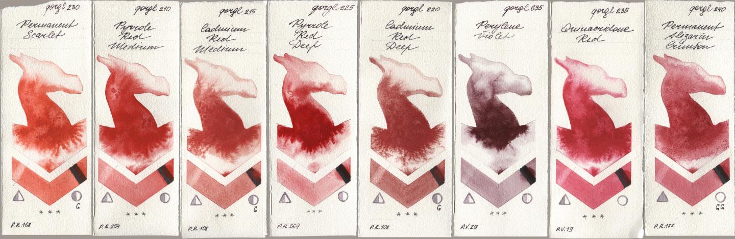 Golden QOR 230 Permanent Scarlet, 210 Pyrrole Red Medium, 215 Cadmium Red Medium, 225 Pyrrole Red Deep, 220 Cadmium Red Deep, 635 Perylene Violet, 235 Quinacridone Red, 240 Permanent Alizarin Crims watercolor swatch