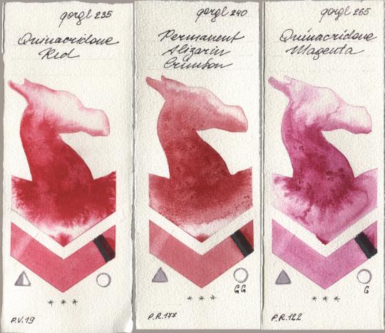 Golden QOR 235 Quinacridone Red, 240 Permanent Alizarin Crimson, 265 Quinacridone Magen watercolor swatch