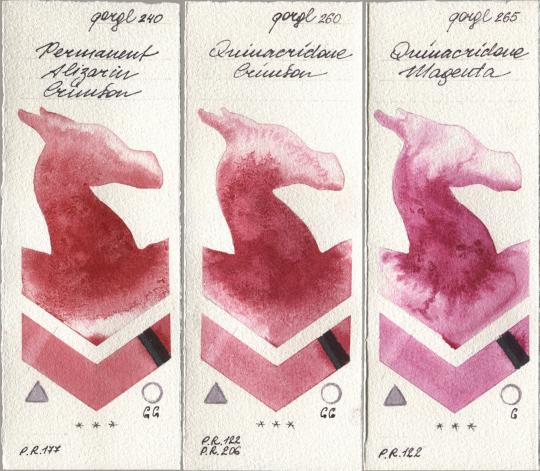 Golden QOR 240 Permanent Alizarin Crimson, 260 Quinacridone Crimson, 265 Quinacridone Magen watercolor swatch